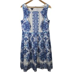 Talbots Womens Dress Sz 12 Blue White Paisley Print Sleeveless Fit Flare